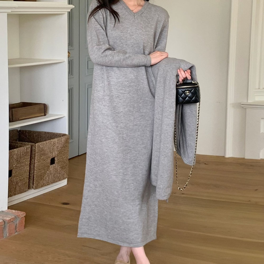 디어에이치 겨울 브이넥 니트 롱 H라인 부드러운 맥시 원피스 하객룩