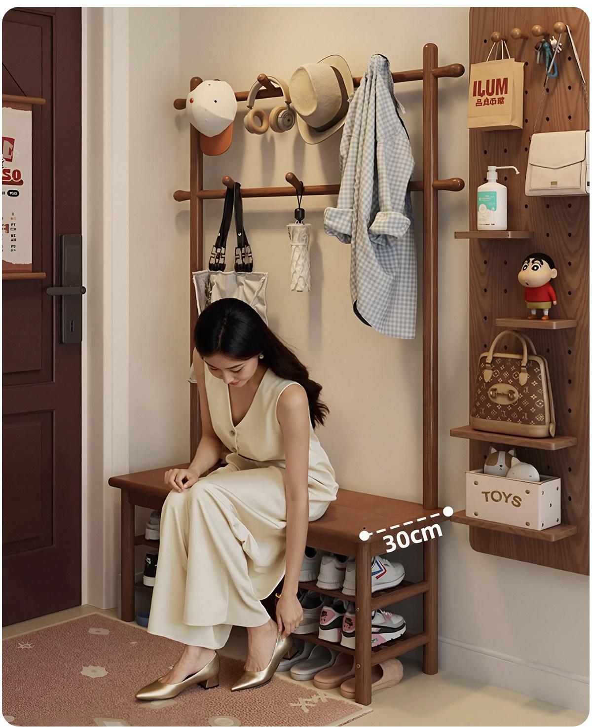 신발장옷걸이 일체형 원목 수납장 행거 벤치 체리 60 x 30x170 - 상세 이미지 3