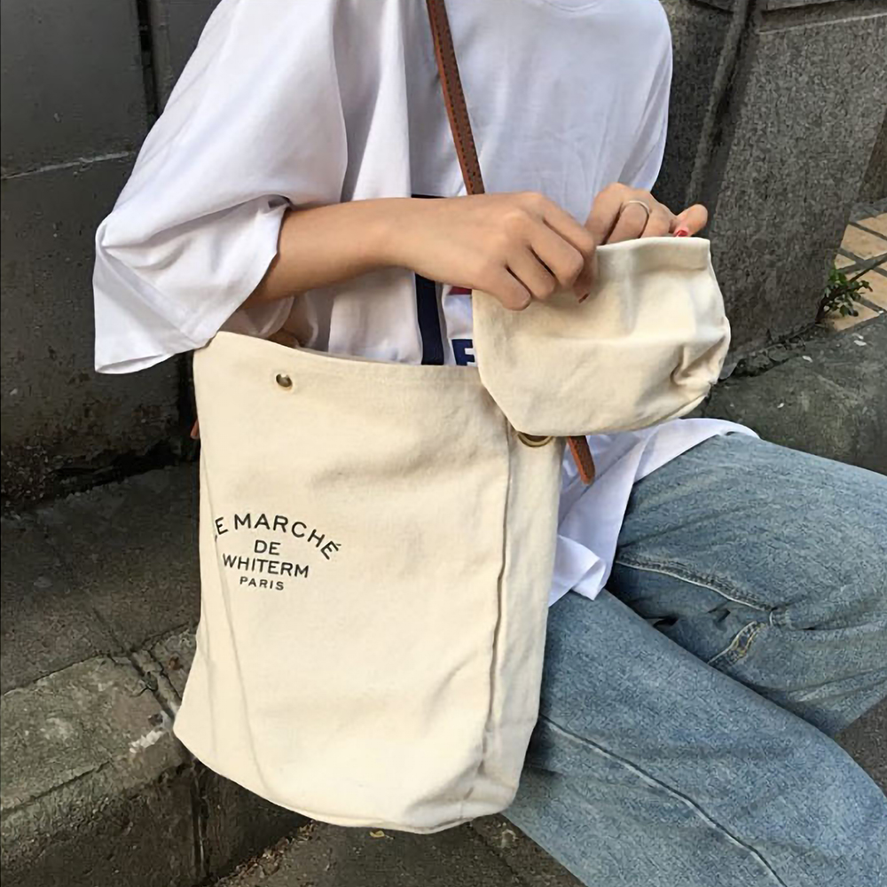 데일리 캔버스 가죽스트랩 크로스 에코백 (파우치포함) - 상품 이미지