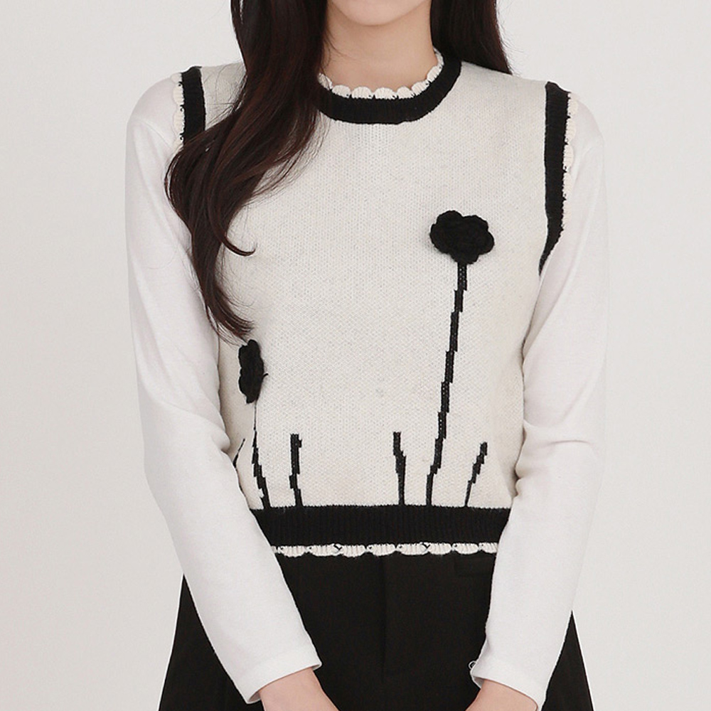 라운드넥 니트 여성조끼 꽃자수 포인트 이너 데일리 레이어드룩 - 상세 이미지 3
