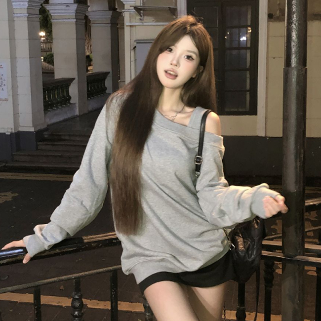 여성 2컬러 원숄더 스트랩 루즈핏 맨투맨 DHH-L01 - 상품 이미지
