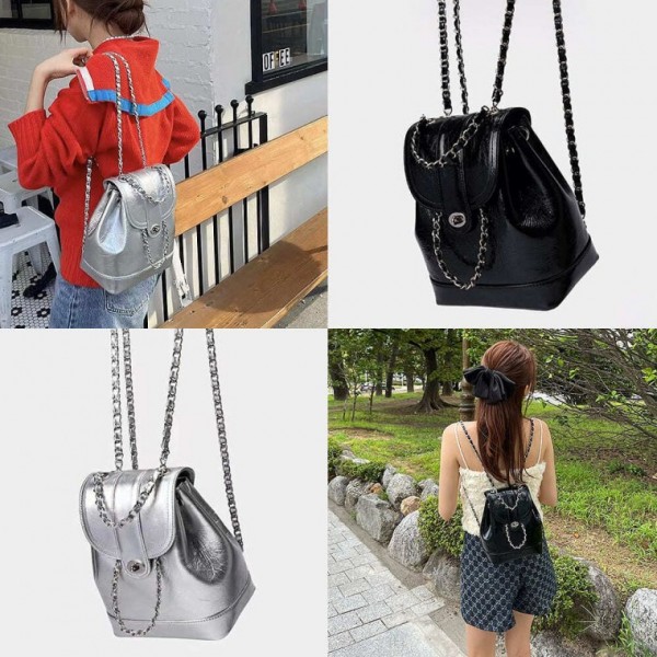 유광 여성 가방 체인글로시백팩 데일리 버킷 블랙 실버 체인백 미니가방 체인가방 여성가방 주 - 메인 이미지