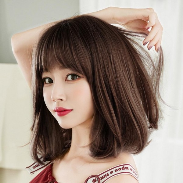 C컬펌 중단발 내추럴브라운 엘라 여자가발 통가발 여성가발 단발머리가발 앞머리가발 짧은머리가 - 상품 이미지