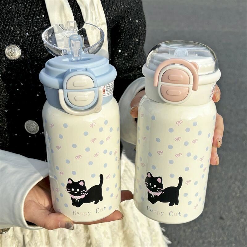 고양이 스테인리스 보온 학생용 귀여운 물병 빨대 도트 고양이 블루 450ml 이중 뚜껑 - 상세 이미지 2