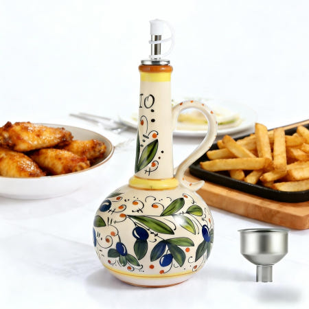 [해외]세라믹 올리브 오일 디스펜서 병 23온스 핸드 페인팅 이탈리안 스타일 식초 커피용 스파우트가 있는 장식용 스톤웨어 (그린 올리브) Binaural