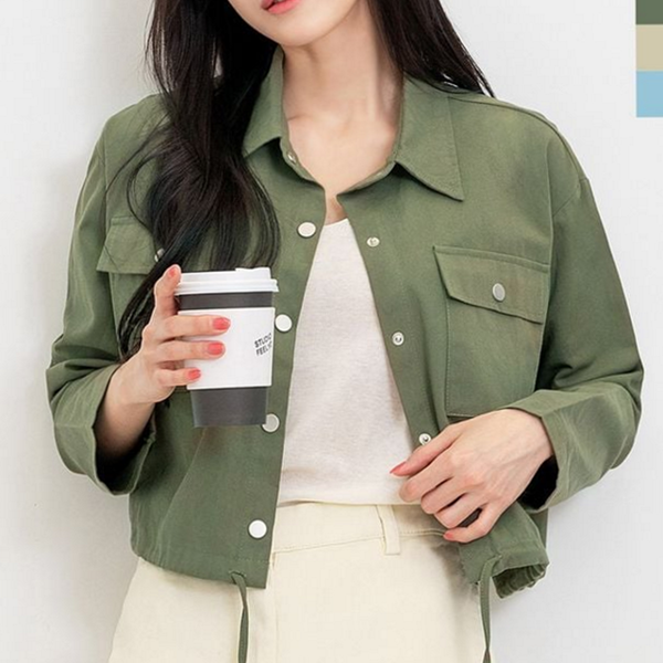기본 여성 숏 자켓 스트링 여성 크롭 자켓 간절기 데 - 상품 이미지