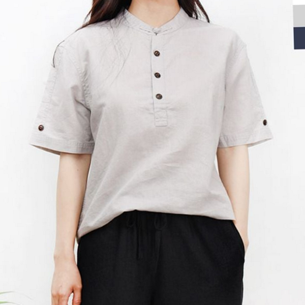 루즈핏 여성 린넨 티셔츠 헨리넥 여성 차이나 넥 티셔츠 데 - 상품 이미지