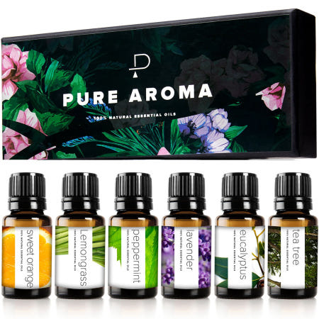 [해외]Pure Aroma 에센셜 오일 세트 - 아로마테라피 선물 6종 10ml 6개입 (유칼립투스 라벤더 레몬그라스 스위트 오렌지 페퍼민트 티트리)