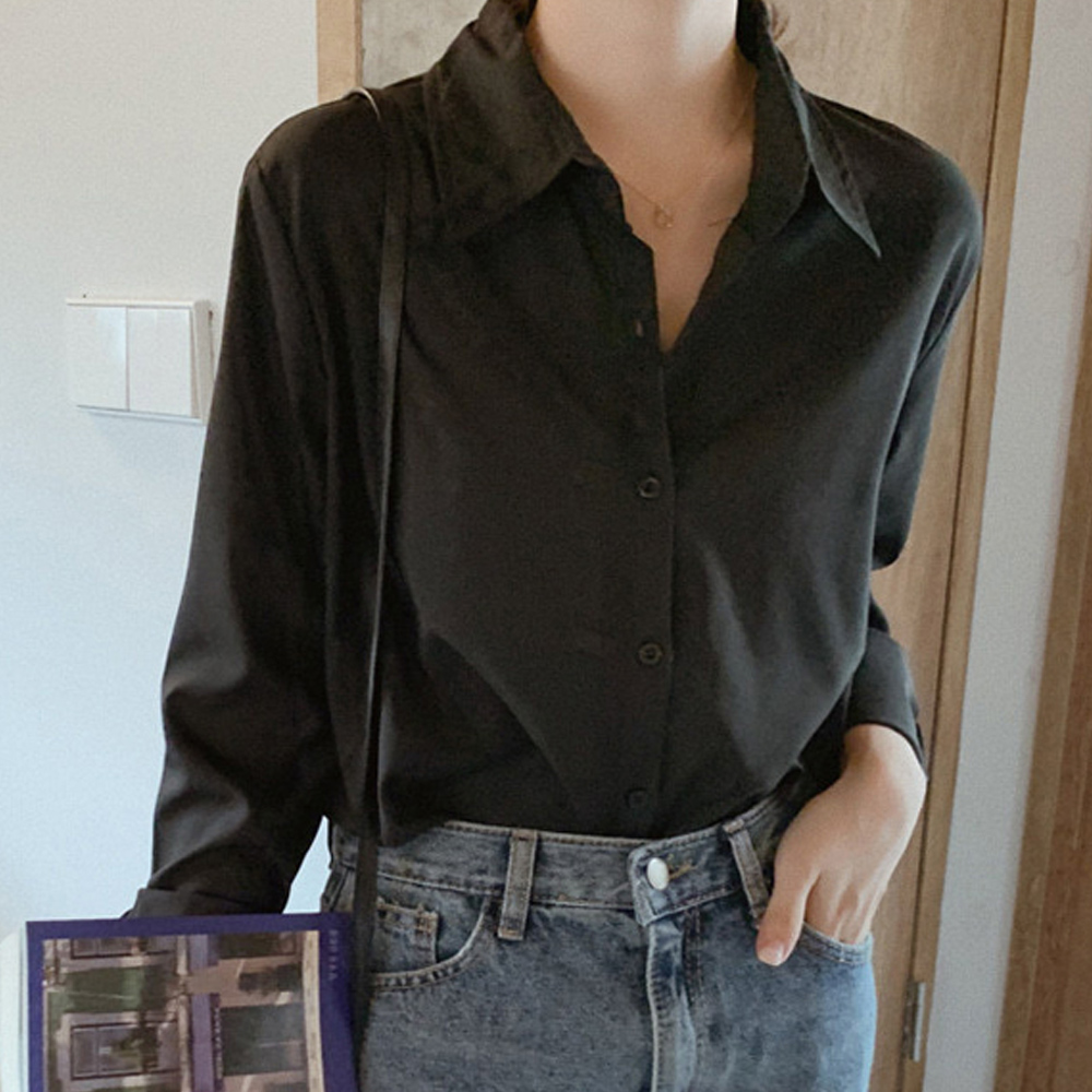 기본 컬러 베이직 셔츠 블랙 여성 검정색 카라셔츠 - 상품 이미지