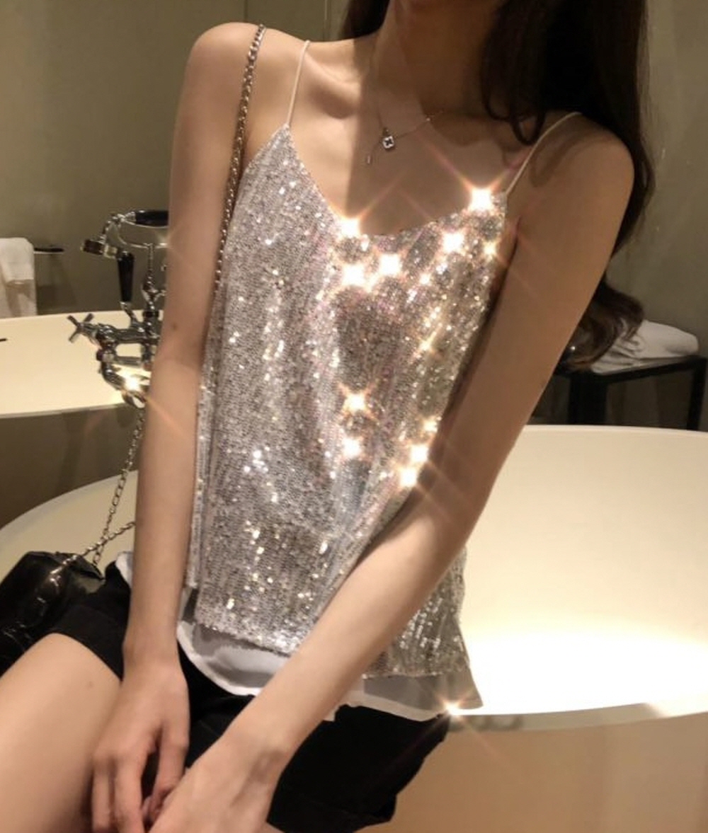 G124460_쉬폰레이어드 스팽글 끈나시 - 상품 이미지