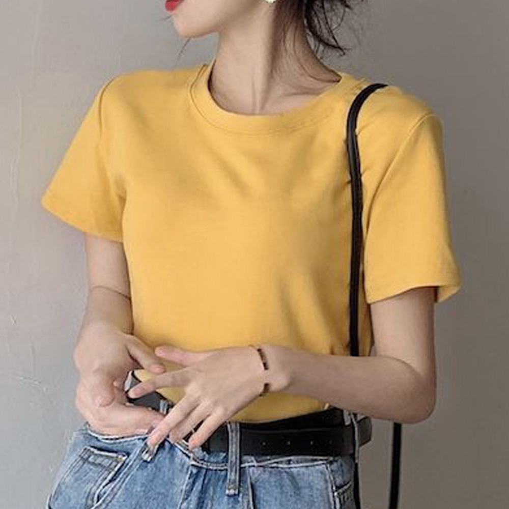 여자 기본 무지 반팔티 슬림핏 노란 티셔츠 노랑티 - 상품 이미지