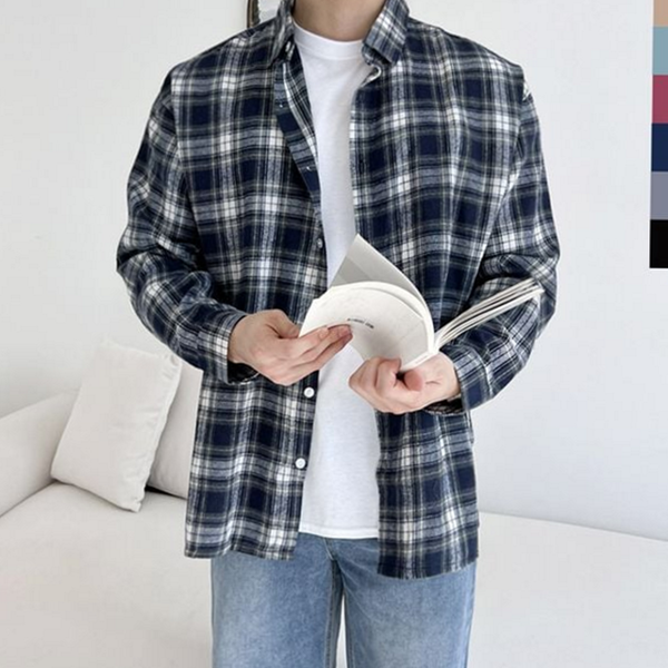 루즈핏 남성 체크 남방 데 남자 오버핏 셔츠 캐주얼 가을 - 상품 이미지