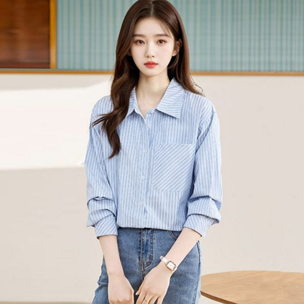 데 여자 스트라이프 블라우스 캐주얼 여성 스트라이프 셔츠 소라색 카라 - 상품 이미지