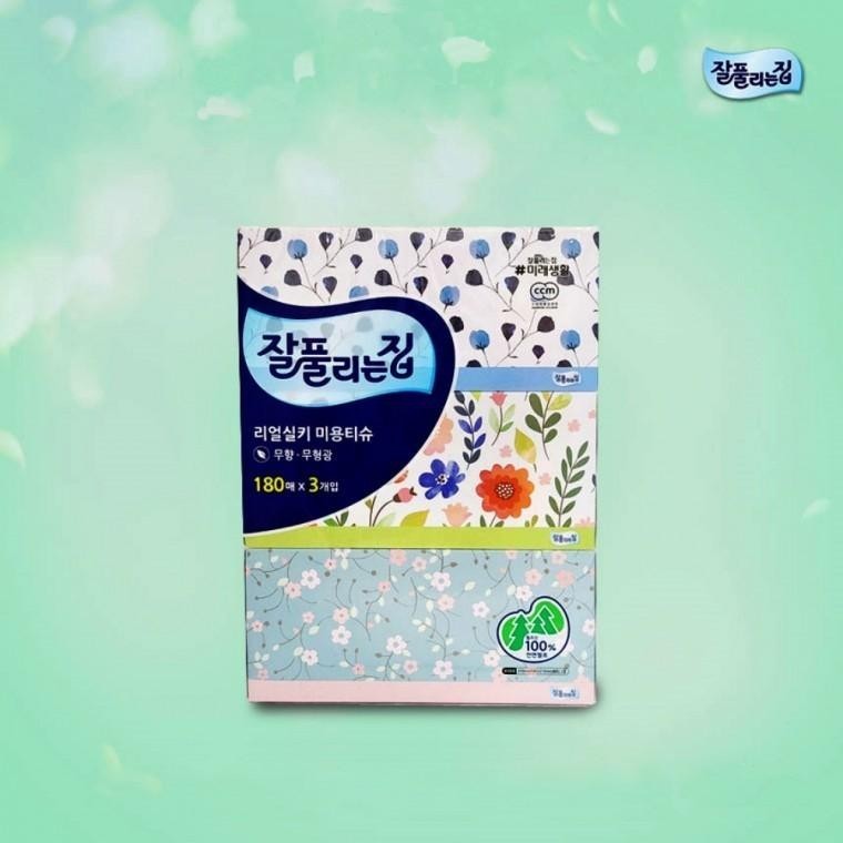 잘풀리는집 리얼실키 부드러운 미용티슈 180매x3곽 휴지 화장지 - 상품 이미지