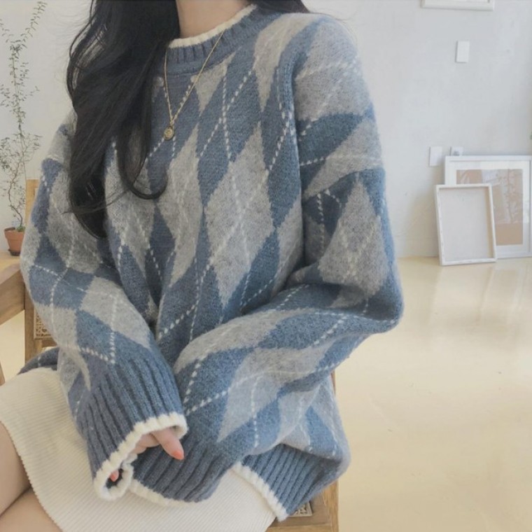 다이아 아가일 라운드 넥 니트 HH-D59 - 상품 이미지