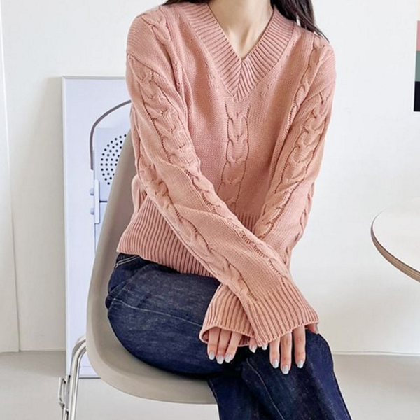 루즈핏 여자 꽈배기 니트 데 여성 브이넥 니트 풀오버 겨울 - 상품 이미지