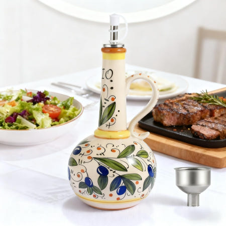 [해외]헤이헤이톰 세라믹 올리브 오일 디스펜서 병 23온스 핸드 페인팅 주방용 장식용 스톤웨어 크루트 소스 식초용 스테인리스 스틸 스파우트 Ceramic White