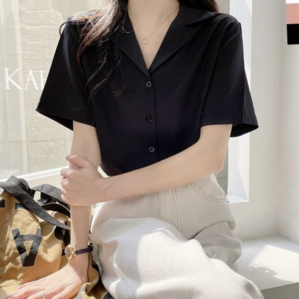 카라 여자 반팔 블라우스 베이직 여성 반팔 블라우스 데 하객룩 - 상품 이미지
