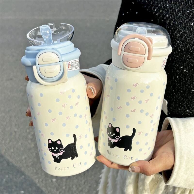 고양이 스테인리스 보온 학생용 귀여운 물병 빨대 도트 고양이 블루 450ml 이중 뚜껑 - 상세 이미지 5