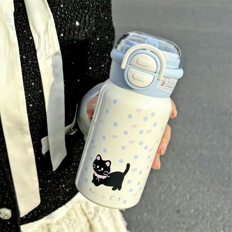 고양이 스테인리스 보온 학생용 귀여운 물병 빨대 도트 고양이 블루 450ml 이중 뚜껑 - 상품 이미지