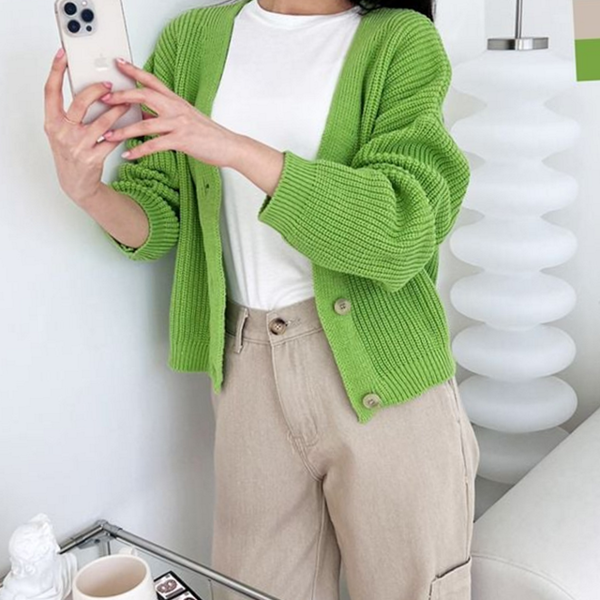 박시핏 여성 니트 가디건 루즈핏 여자 오버핏 가디건 데 베이직 - 상품 이미지