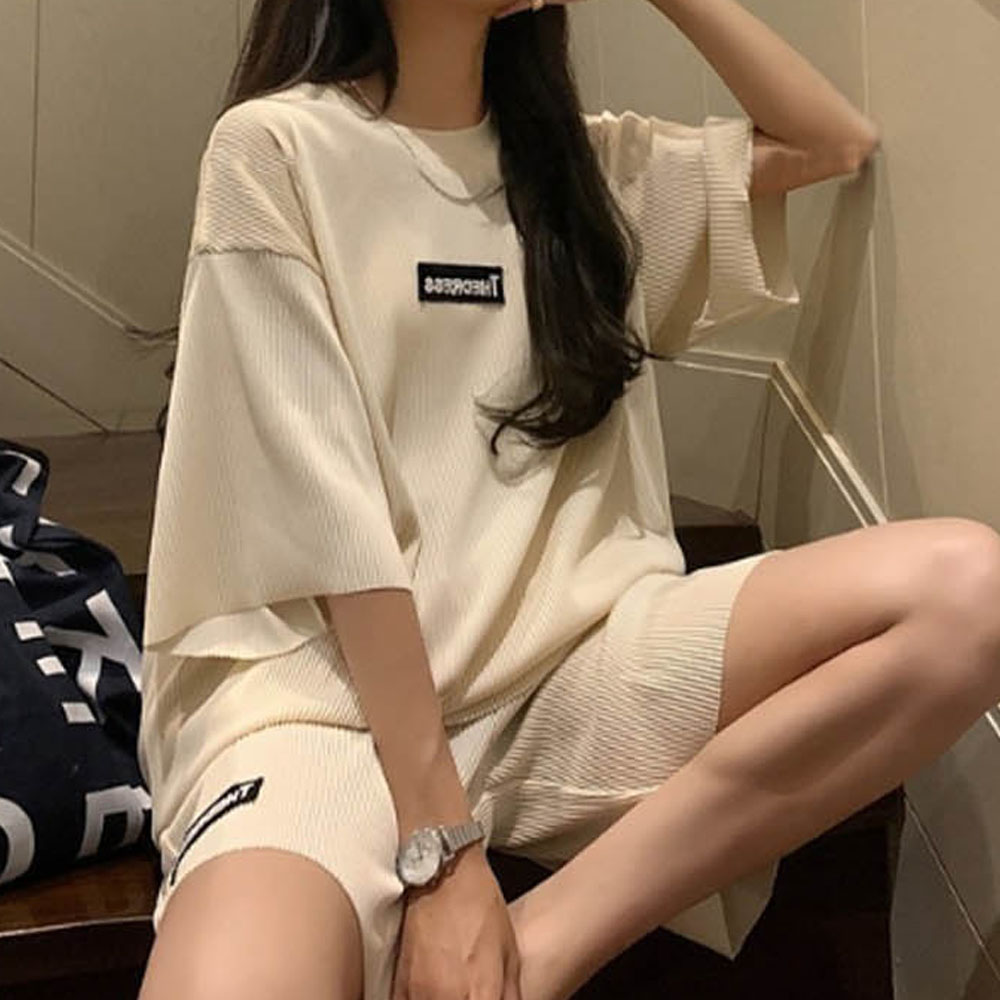 골지 반팔 반바지 셋업 캐주얼 데일리 트레이닝 세트 - 메인 이미지
