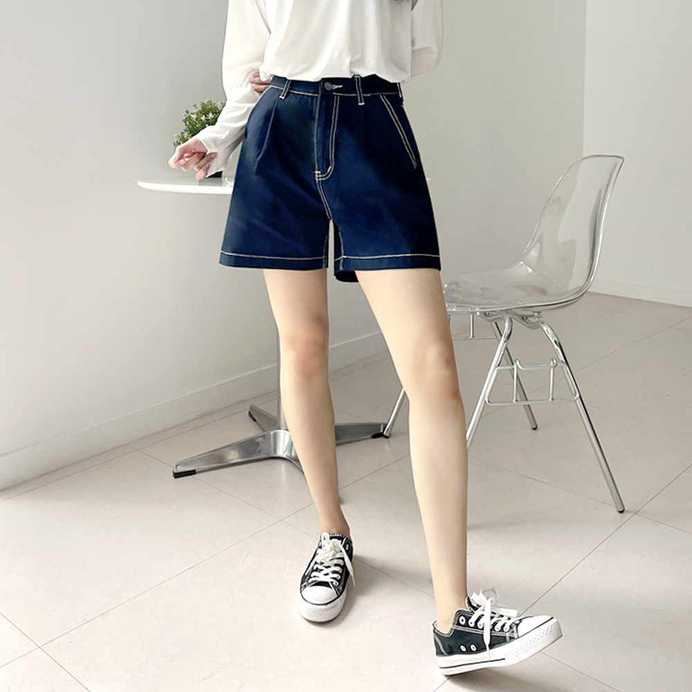 A라인 핀턱 스피치 4부 데님 숏팬츠 - 상품 이미지
