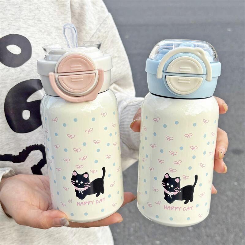 고양이 스테인리스 보온 학생용 귀여운 물병 빨대 도트 고양이 블루 450ml 이중 뚜껑 - 상세 이미지 3
