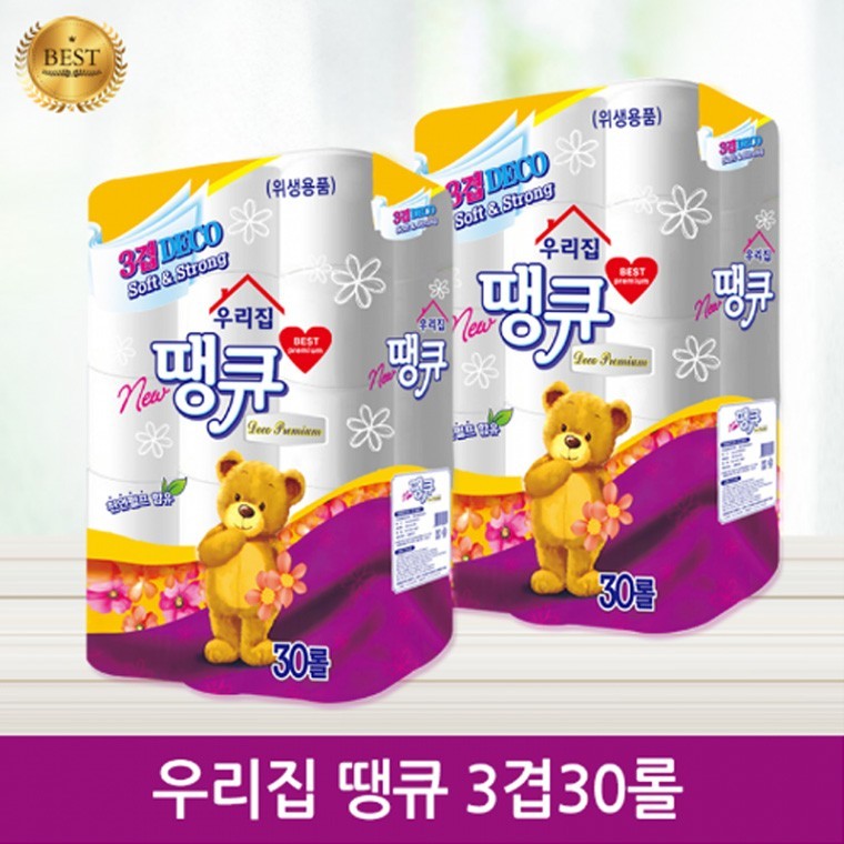 [고급손잡이 일체형] [15m 15g 98mm] 우리집 플라워땡큐 더도톰3겹30롤 화장지 (14m 13g 90mm 유사품주의) - 상품 이미지