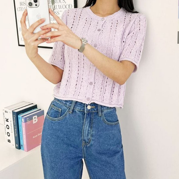 데 여자 반팔 가디건 라운드 여자 여름 가디건 니트 펀칭 - 상품 이미지