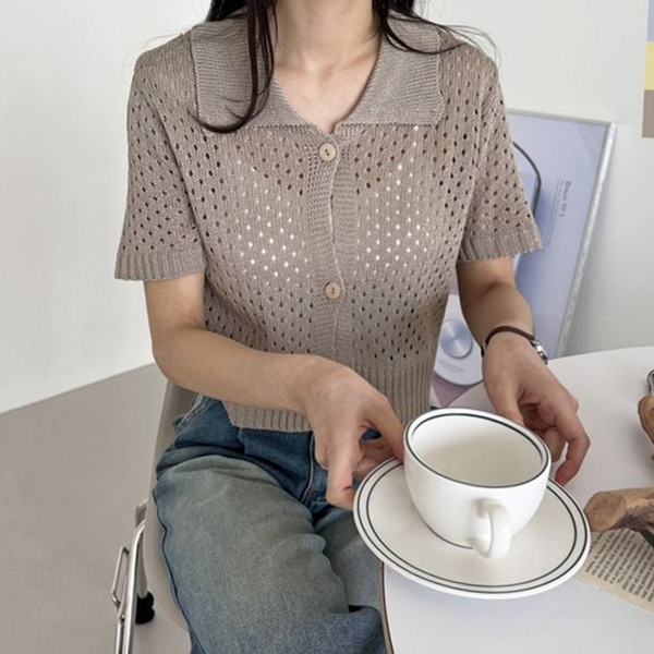 카라 여자 니트 가디건 반팔 여성 펀칭 가디건 여름 - 상품 이미지