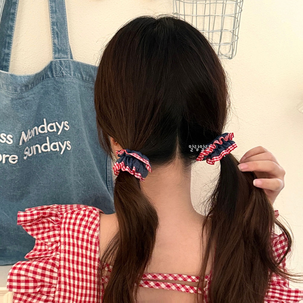 데님 레이스스크런치 세트 레드 포인트 머리끈 미니곱창밴드 이미지 7