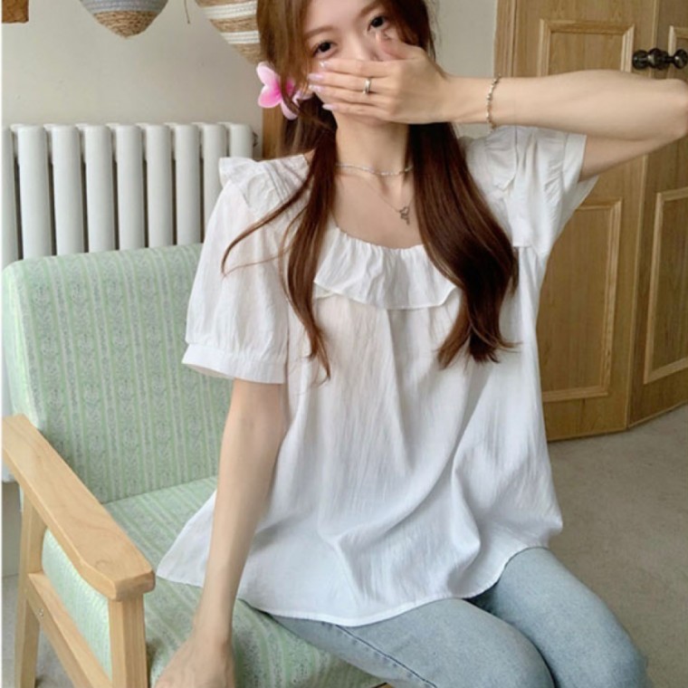 신상 블라우스 반팔 여성 셔츠 데일리 여름 프릴 - 상품 이미지