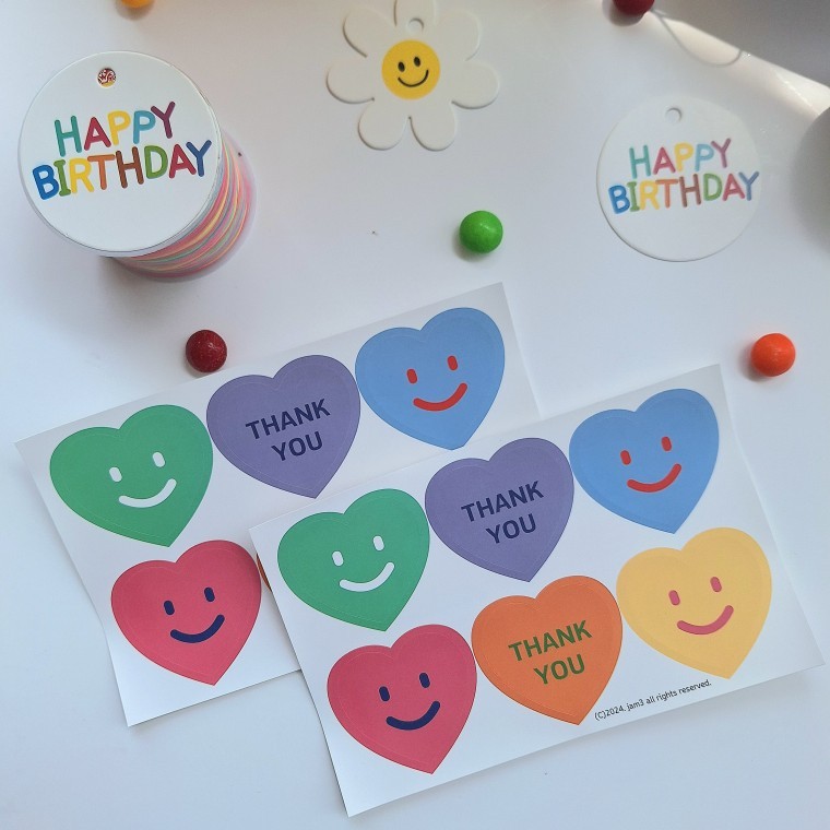 하트 스마일 땡큐 스티커 6p 생일축하 감사 구디백 답례품 어린이집 유치원 단체 선물 포장데코 - 메인 이미지