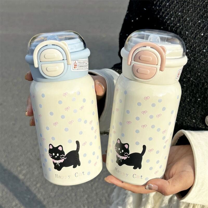 고양이 스테인리스 보온 학생용 귀여운 물병 빨대 도트 고양이 블루 450ml 이중 뚜껑 - 상세 이미지 4
