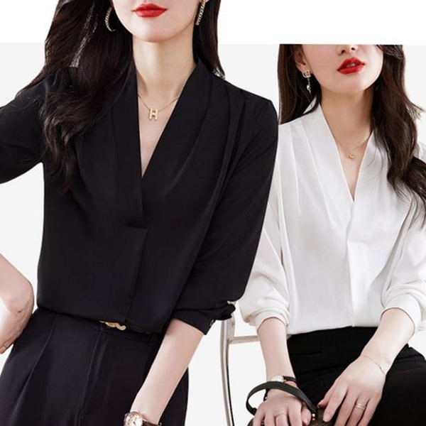 데 여성 브이넥 블라우스 정장 여성 쉬폰 블라우스 하객룩 기본 - 상품 이미지