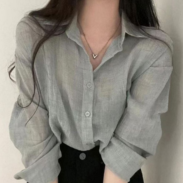 루즈핏 여성 시스루 셔츠 크롭 여성 긴 팔 셔츠 블라우스 - 상품 이미지