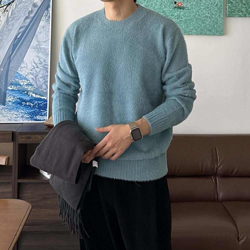 남자 니트 구김없는 오버핏 두꺼운 앙고라 커플 니트 남자 스웨터 이미지 8