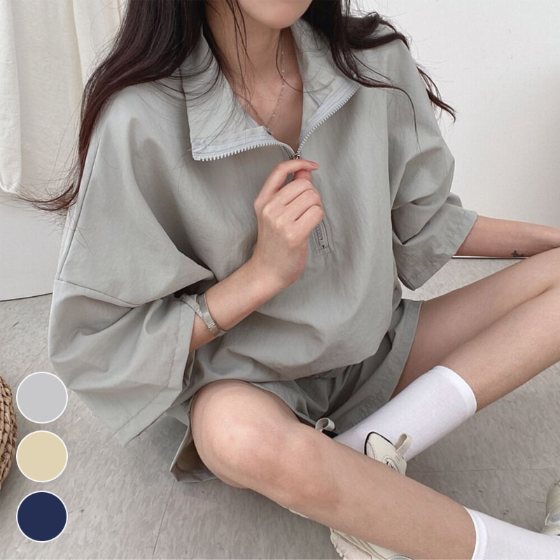 시원한 바스락 오버핏 캐주얼 아노락 반팔 상하의세트 - 메인 이미지