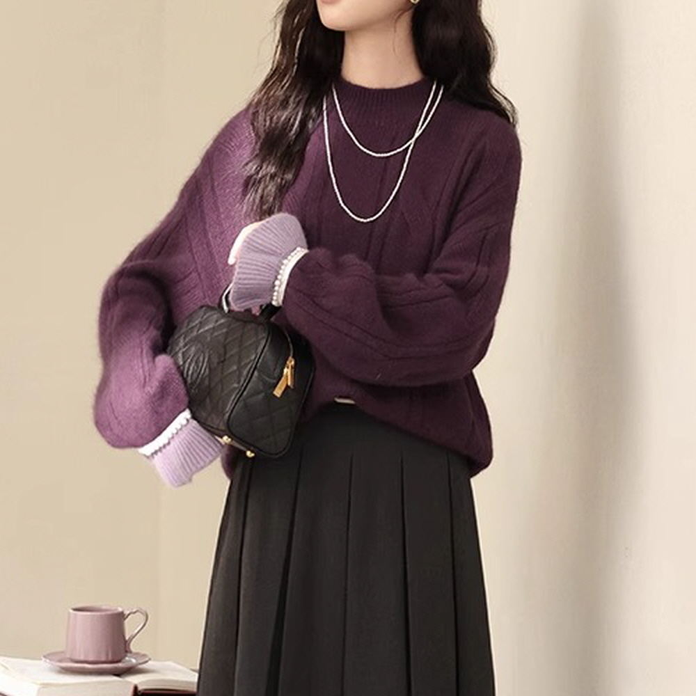 진주 소매 포인트 투톤 루즈핏 퍼플 스웨터 - 상세 이미지 2