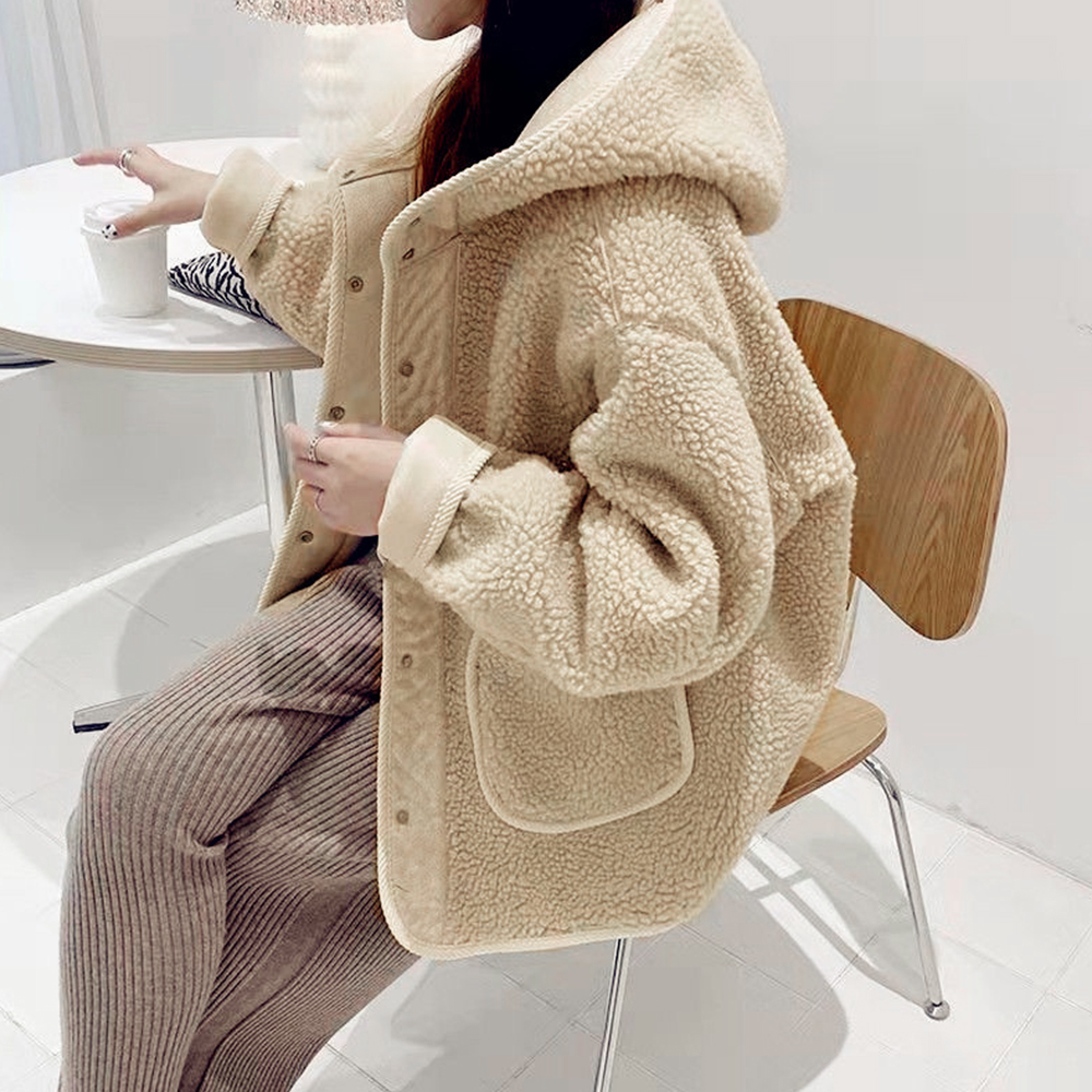 [큰손할인] 플러피 후드아우터 귀여운 후집 부들 따뜻한 양털 자켓 루즈핏 - 상세 이미지 2