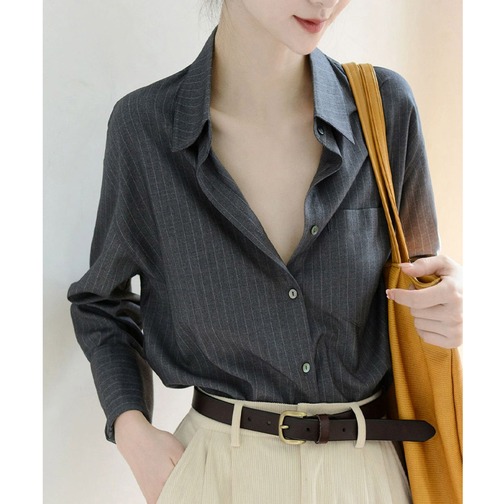G126966_클래식핏 스트라이프 그레이 긴팔셔츠 블라우스 - 상품 이미지
