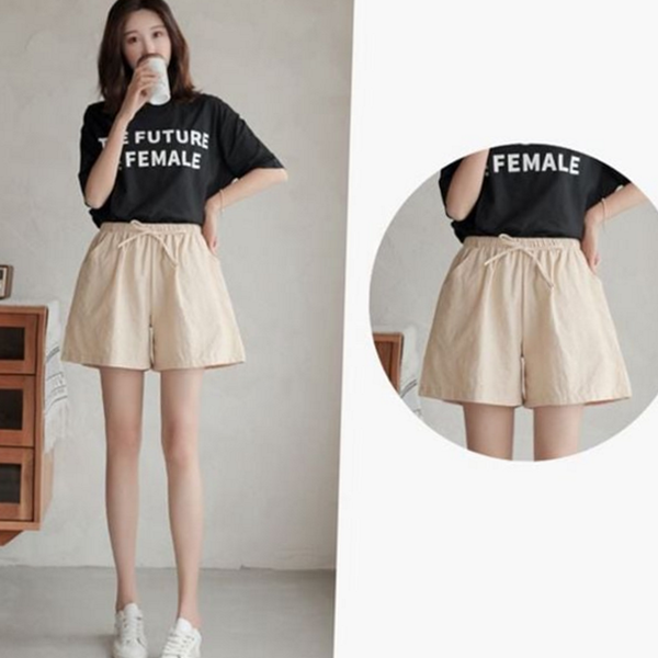데 여성 린넨 반바지 고무줄 여자 밴딩 반바지 와이드 주머니 - 메인 이미지