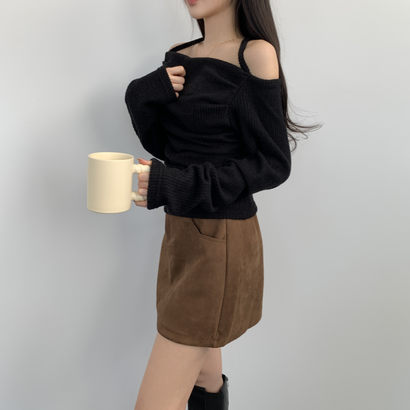 여성긴팔티셔츠 홀터넥 드레이프 오프숄더티 이미지 7