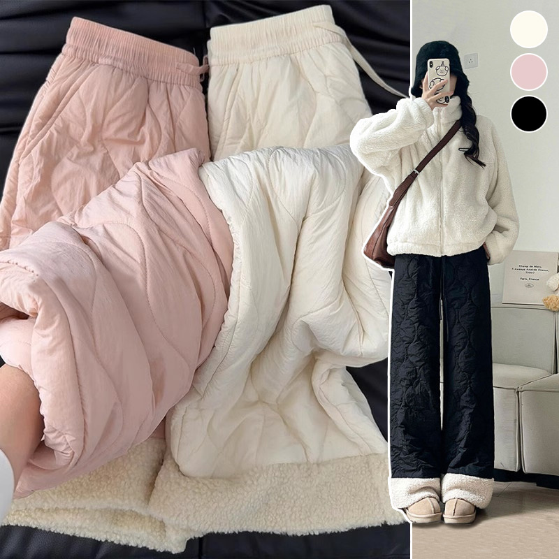 여성 겨울바지 기모 퍼 허리밴딩 와이드팬츠 방한바지 - 상품 이미지