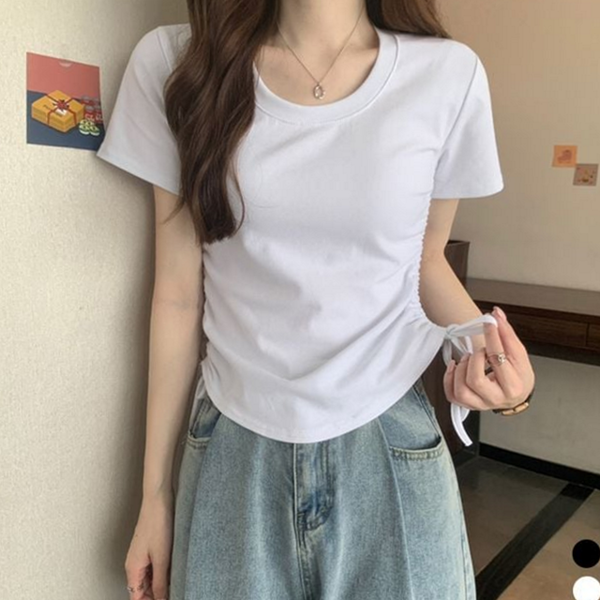 루즈핏 여자 반팔 티셔츠 스트링 여성 셔링 티셔츠 라운드 여름 - 상품 이미지