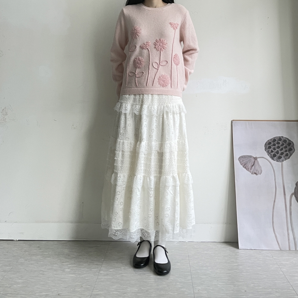 겨울 롱스커트 캉캉 피치기모 밴딩 레이스 스커트 이미지 2