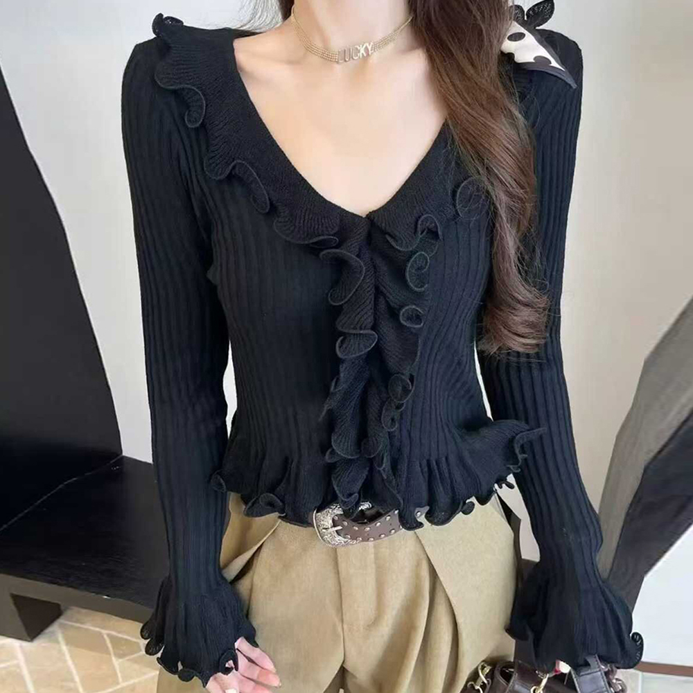 F007593_브이넥 러플 슬림핏 니트가디건 블라우스 긴팔니트티 - 상세 이미지 3