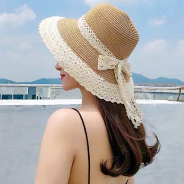 리본 레이스 바캉스 비치모자 밀짚모자 - 상품 이미지