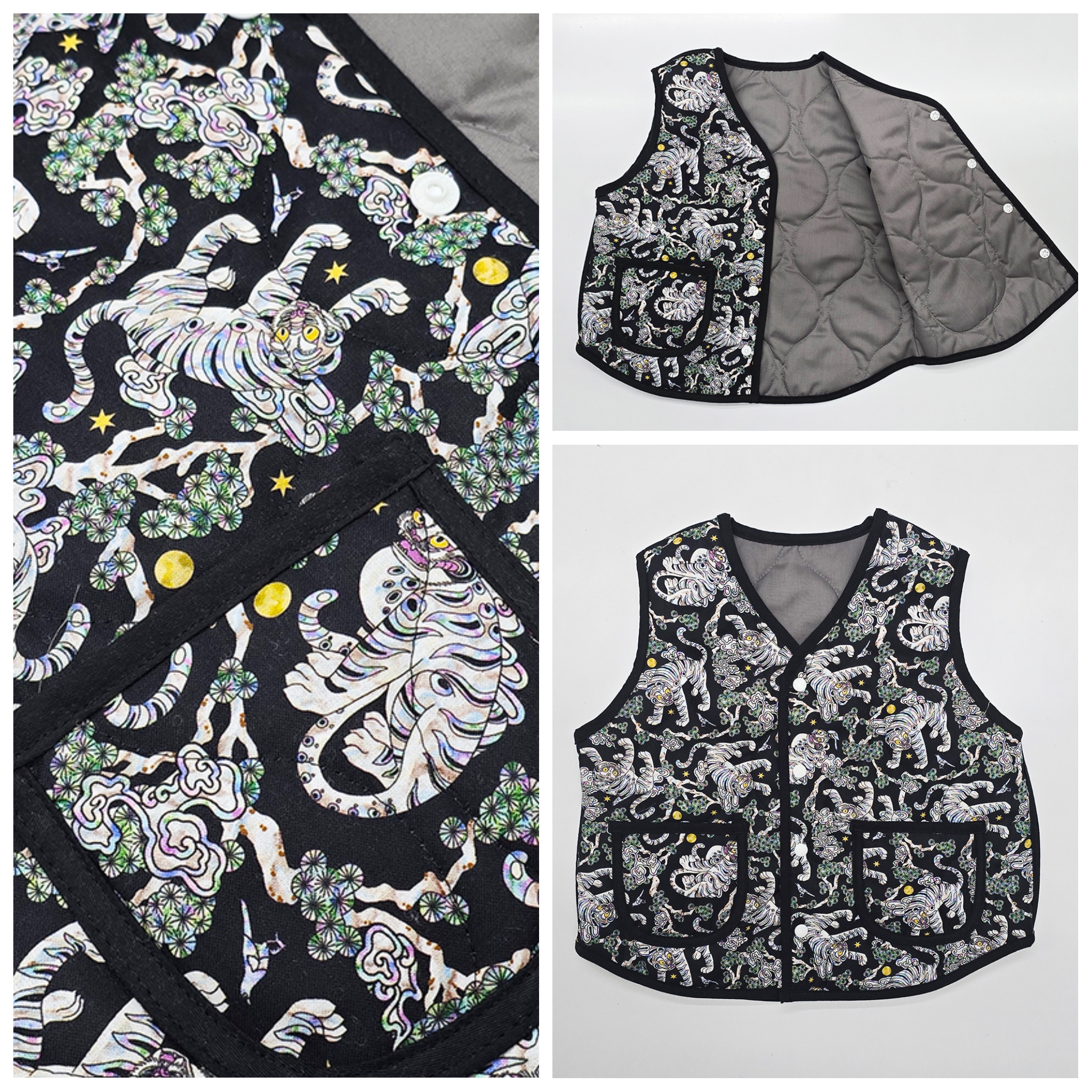 성인용 호작도 자개블랙 패딩 조끼 제품 이미지